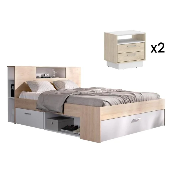 Vente-unique Lit Avec Tête De Lit Rangements Et Tiroirs – 160 X 200 Cm – Coloris :… grande promotion 1