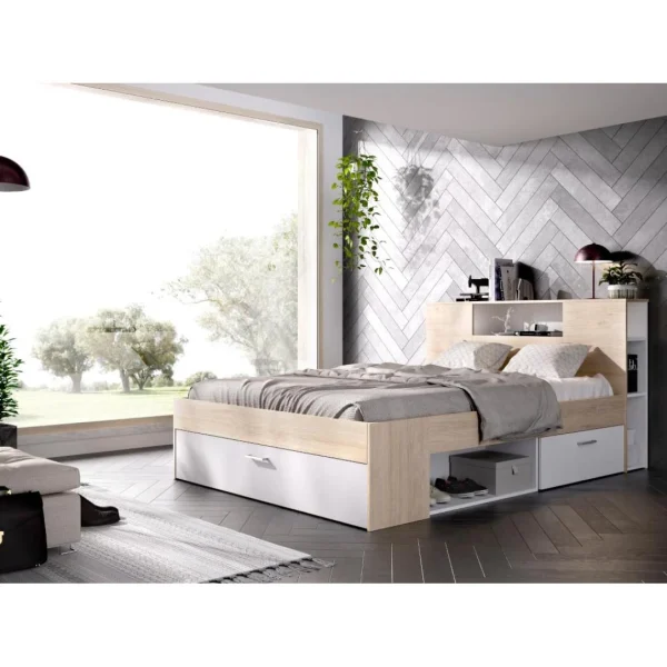 Vente-unique Lit Avec Tête De Lit Rangements Et Tiroirs – 160 X 200 Cm – Coloris :… grande promotion 3