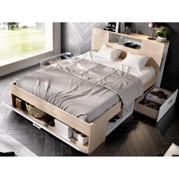 Vente-unique Lit Avec Tête De Lit Rangements Et Tiroirs – 160 X 200 Cm – Coloris :… grande promotion 5