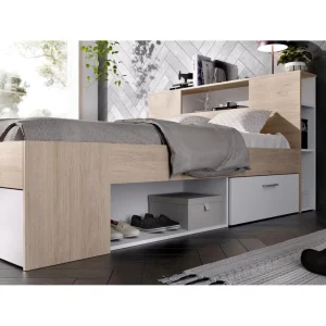 Vente-unique Lit Avec Tête De Lit Rangements Et Tiroirs – 160 X 200 Cm – Coloris :… grande promotion 15