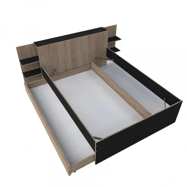 Le Quai Des Affaires Lit CITY 140×190 + Tête De Lit Chevet+ 1 Maxi Tiroir / Noir & Chêne … mode 4