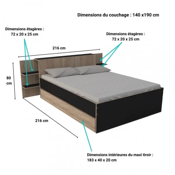 Le Quai Des Affaires Lit CITY 140×190 + Tête De Lit Chevet+ 1 Maxi Tiroir / Noir & Chêne … mode 5