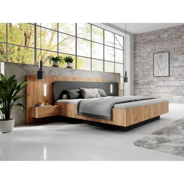 Vente-unique Lit Avec Chevets 160 X 200 Cm – 2 Tiroirs – Avec LEDs – Coloris : Natu… en vente 1