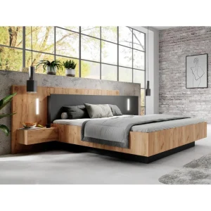 Vente-unique Lit Avec Chevets 160 X 200 Cm – 2 Tiroirs – Avec LEDs – Coloris : Natu… en vente 8