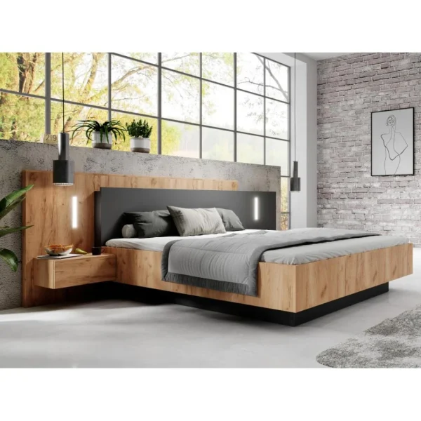 Vente-unique Lit Avec Chevets 160 X 200 Cm – 2 Tiroirs – Avec LEDs – Coloris : Natu… en vente 3