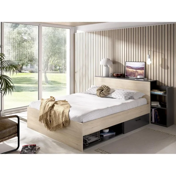 Vente-unique Lit Avec Tête De Lit Rangements Et Tiroirs 140 X 190 Cm – Coloris : N… boutique pas cher 3