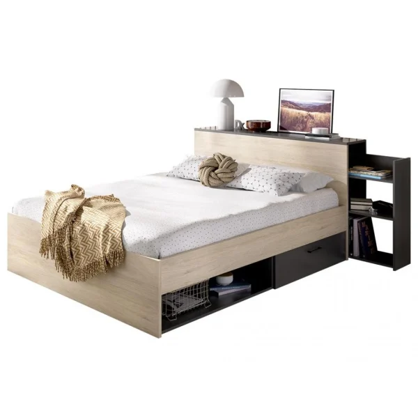 Vente-unique Lit Avec Tête De Lit Rangements Et Tiroirs 140 X 190 Cm – Coloris : N… boutique pas cher 4
