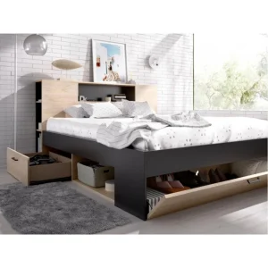 Vente-unique Lit Avec Tête De Lit Rangements Et Tiroirs – 160 X 200cm – Coloris : … magasin pour 11