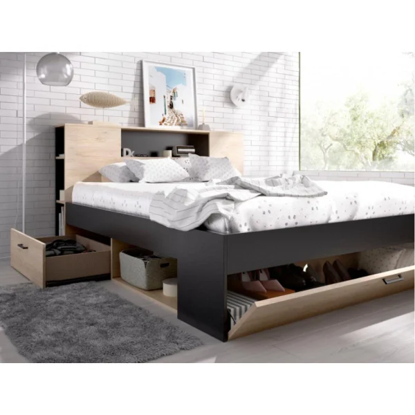 Vente-unique Lit Avec Tête De Lit Rangements Et Tiroirs – 160 X 200cm – Coloris : … magasin pour 4